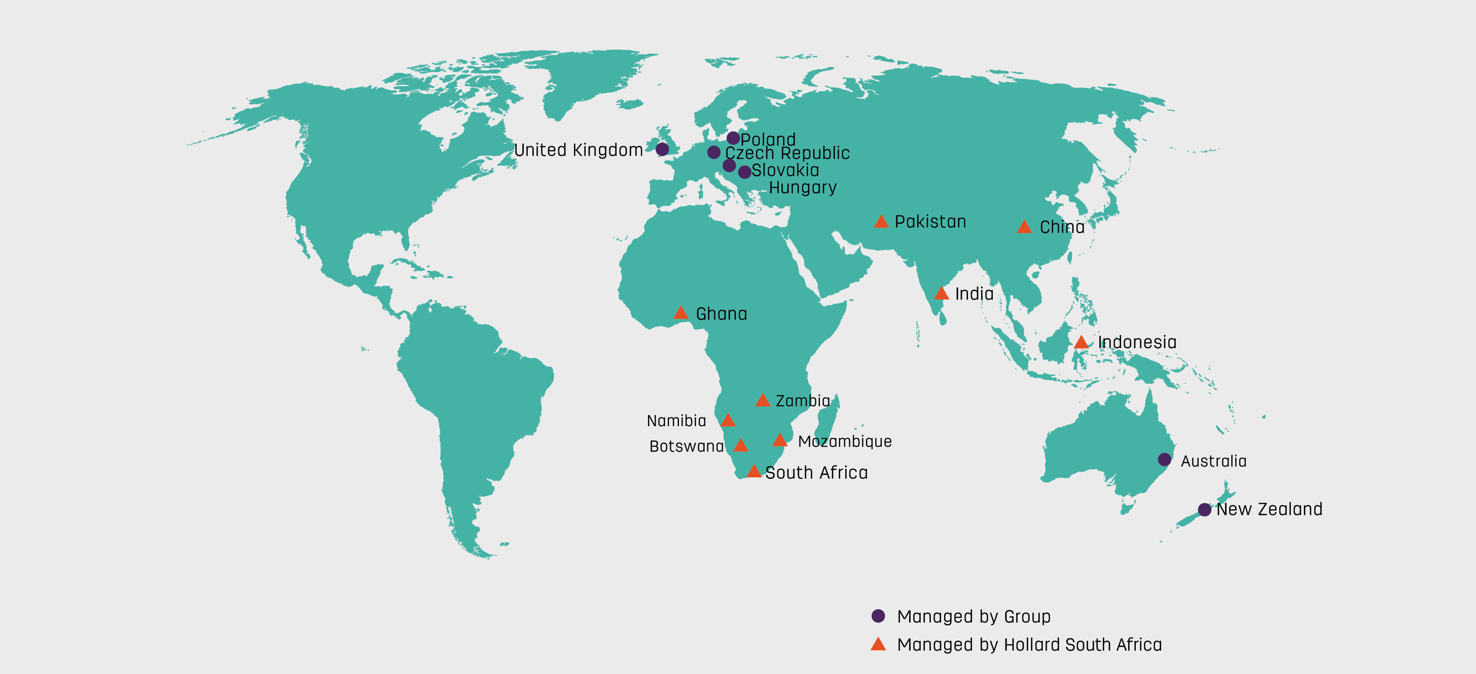 The map on the page is a representation of Hollard related business around the world